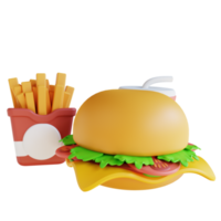 3D-Darstellung Pommes Frites, Burger und kalte Getränke