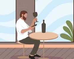 man drinking wine in restaurant vector