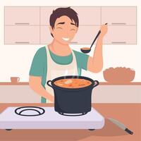 hombre cocinando escena de sopa vector