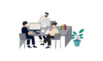 Group of office workers sitting at desks and communicating or talking to each other vector