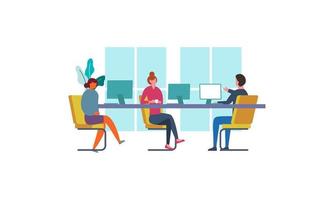 Group of office workers sitting at desks and communicating or talking to each other vector