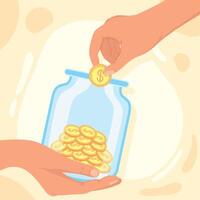 hands insert coins in pot vector