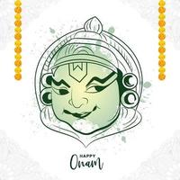 Hand draw happy onam kathakali face illustration on sketch desig vector