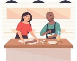 pareja interracial cocinando vector