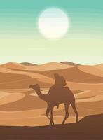 turista en la escena del desierto de camellos