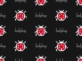 Ladybug cartoon character seamless pattern on black background. Pixel style vector