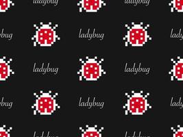 Ladybug cartoon character seamless pattern on black background. Pixel style vector