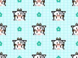 Cow cartoon character seamless pattern on blue background. Pixel style vector