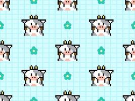 Cow cartoon character seamless pattern on blue background. Pixel style vector