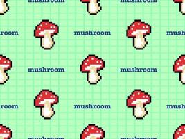Mushroom cartoon character seamless pattern on green background. Pixel style vector