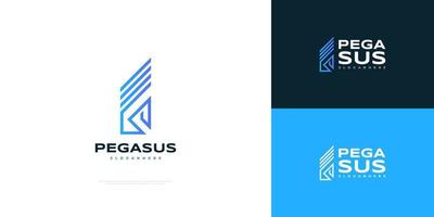 diseño de logotipo de pegaso azul en estilo de línea. icono de logotipo de caballo abstracto vector