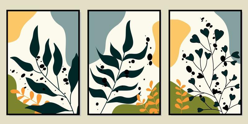 set of aesthetic wall decor designs. abstract background with leaf silhouette scribble