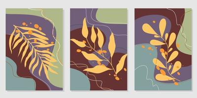 natural abstract wall decor design set. background with leaf silhouette scribble vector