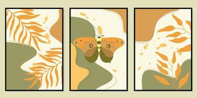 set of aesthetic wall decor designs. brown background with butterfly and leaf silhouettes vector