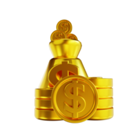 3d illustratie gouden munt en geld zak png