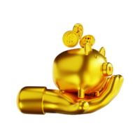 3D illustration golden hand and piggy bank png