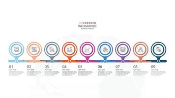 Basic circle infographic template with 9 steps, process or options, process chart, Used for process diagram, presentations, workflow layout, flow chart, infograph. Vector eps10 illustration.