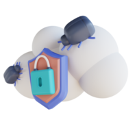 Seguridad de virus en la nube de ilustración 3d png