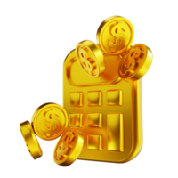 3D illustration golden coins and calculator png
