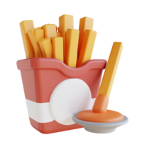 ilustração 3D batatas fritas e molho