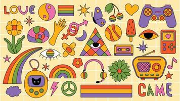 Set of hipster retro cool psychedelic elements. Collection stickers of groovy cliparts from the 70s 60s. Collage with trendy pop vibe with funky design element. Abstract background of cartoon sticker vector