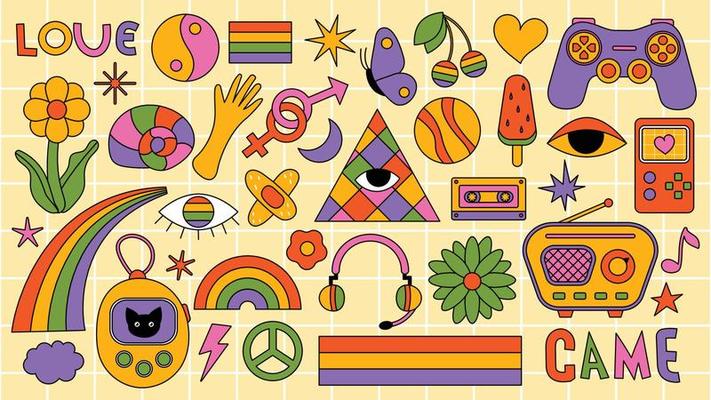 Set of hipster retro cool psychedelic elements. Collection stickers of groovy cliparts from the 70s 60s. Collage with trendy pop vibe with funky design element. Abstract background of cartoon sticker