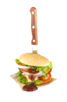 Pork hamburger Homemade with grilled bacon contains vegetables, cheese, lettuce, onion, chilli, spices in a wooden dish isolated on white backgroud png