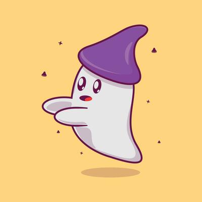 Adorable ghost wearing a witch hat. Halloween concept. Simple premium design