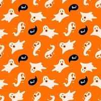 Halloween vector seamless pattern with cute characters. Dogs wearing ghosts costumes and boo lettering on orange background. Cartoon style illustration for paper, games, textiles, web design.