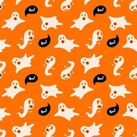 patrón transparente de vector de halloween con personajes lindos. perros con disfraces de fantasmas y letras boo sobre fondo naranja. ilustración de estilo de dibujos animados para papel, juegos, textiles, diseño web.