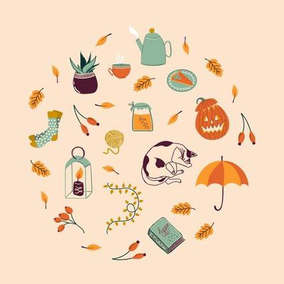 Set of different autumn elements. Falling leaves, cat, candle, socks, tea, pumpkin and other. Hello Autumn. Hand drawn vector illustrations. Cute print for clothes, posters, cards, books and magazines