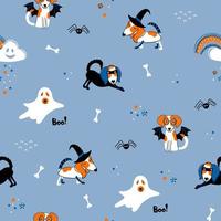 Halloween theme seamless pattern with cute pets characters. Hand drawn background with dogs in carnival costumes. Cute holiday repeated texture. Vector print for clothing, wrapping paper, cards.