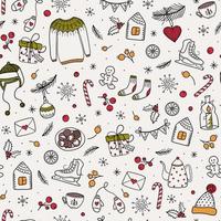 Christmas seamless pattern with decorative winter elements. Cute print with hand drawn seasonal objects. Vector illustration in doodle style.
