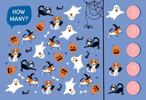 Educational game for toddlers. I spy game. Find and count dogs, pumpkins and ghosts. Halloween theme. Counting activity for kids. vector