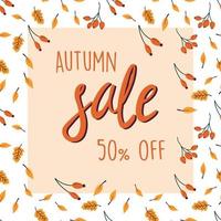 Autumn sale banner. Vector illustration with falling leaves and berries. Flat style illustration for marketing and advertisement.