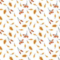 Vector seamless pattern with autumn elements. Falling leaves and berries. Autumn vibes. Hand drawn flat illustration. Cute and cozy fall background.