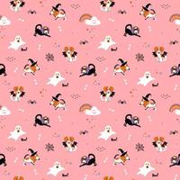 Halloween theme seamless pattern with cute pets. Childish hand drawn background with dogs in carnival costumes. Cute holiday repeated texture. Vector print for clothing, wrapping paper, cards.