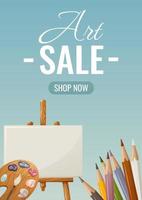Art school sale poster. Paints with brush, easel, colored pencils and text. Vector illustration. Education, business concept. For banner, flyer, store