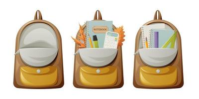 conjunto de mochilas abiertas con útiles escolares, blocs de notas, regla y triángulo, calculadora, marcador y lápiz. bolsa para estudiantes y escolares