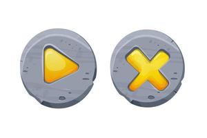 Set start and closed buttons on stone circle in comic cartoon style, ui game design element, interface object isolated on white background. Vector illustration