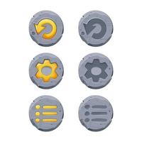 Set start and closed buttons on stone circle in comic cartoon style, ui game design element, interface object isolated on white background. vector