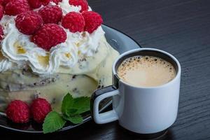 Coffee with raspberry cake photo