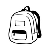 Black and white vector illustration of a backpack in doodle style. Hand drawn picture is isolated on a white background