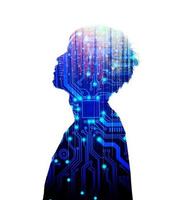 Think of humans and technology in the virtual world. The concept of A.I. technology that is playing a role in human beings. silhouette of people with electronic circuits on a white background photo