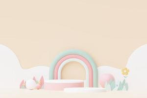 Abstract Pastel of nature, flowers leaves and tree plants with Podium stand platform. Cute Cartoon natural landscape background. Scene of spring colorful plants with minimal design. 3D Render. photo