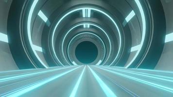 túnel de la sala de ficción de la ciencia de la nave espacial. fondo de luz brillante de neón colorido abstracto. luz de velocidad iluminada. fluorescente en la escena oscura. forma de línea móvil con curvas. procesamiento 3d