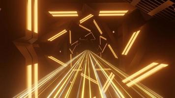 Spaceship Science ficiton Room Tunnel. Abstract colorful neon glowing light background. Speed light illuminated. Florescent on the dark scene. Curvy moving line shape. 3D render. photo