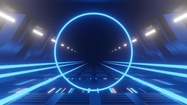 Spaceship Science ficiton Room Tunnel. Abstract colorful neon glowing light background. Speed light illuminated. Florescent on the dark scene. Curvy moving line shape. 3D render. photo