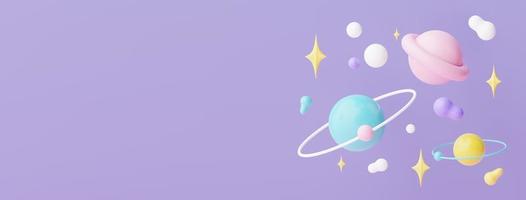 3d render of planet star and moon  that floating on the air at night with purple lilac background. Abstract scene of pastel ball, bubble soaps , or blobs in pastel colors. Magic scene. photo