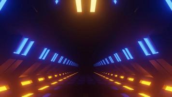 Spaceship Science ficiton Room Tunnel. Abstract colorful neon glowing light background. Speed light illuminated. Florescent on the dark scene. Curvy moving line shape. 3D render. photo